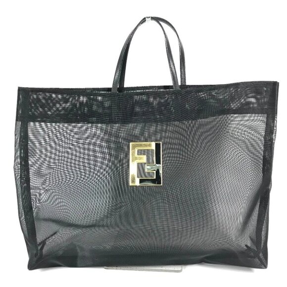 FENDI FF logo mesh big Tote Bag Beach bag Hand Bag Nylon mesh / Leather Black - Picture 1 of 13
